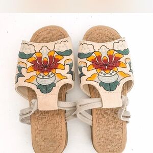 Floral Embroidered Sandals - Cream and Multicolor